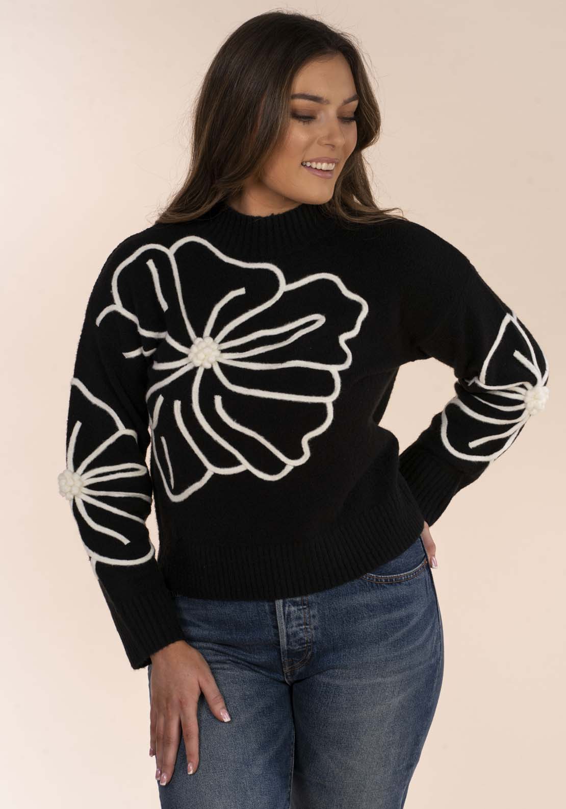 Naoise Flower Cornelle Sweater - Black 1 Shaws Department Stores