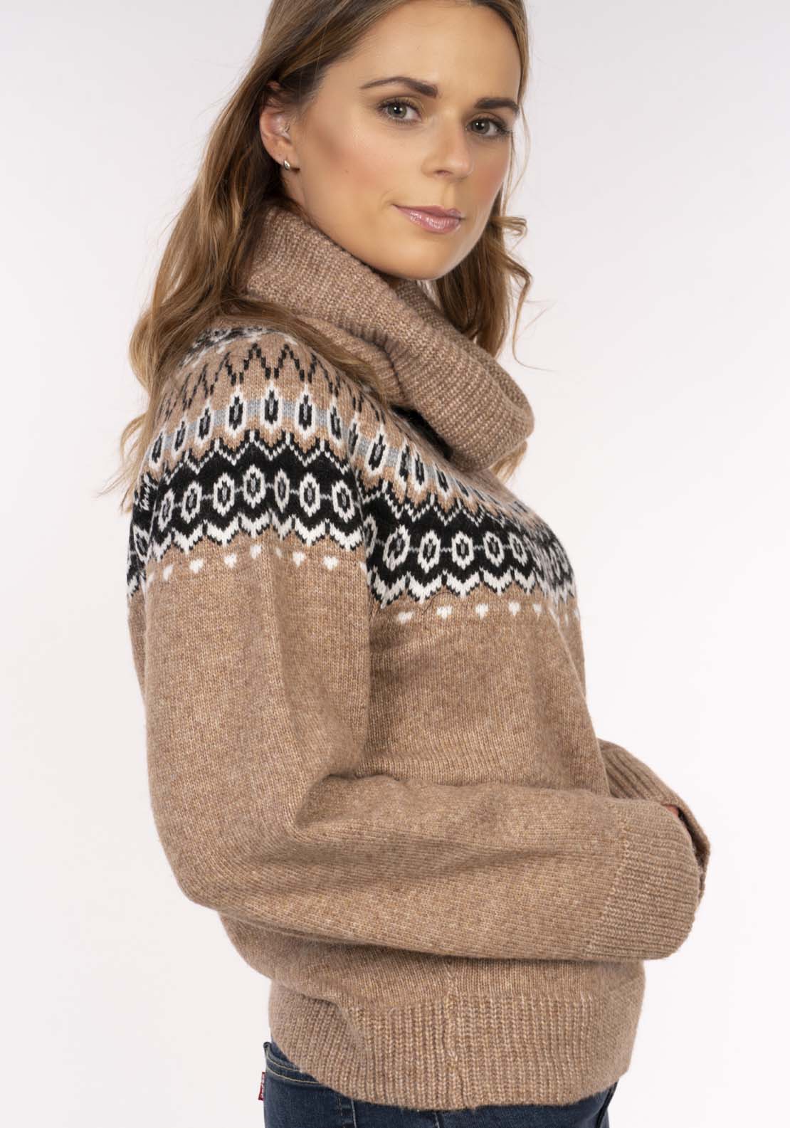 Naoise Fairisle Roll Nk Sweater - Caramel 2 Shaws Department Stores