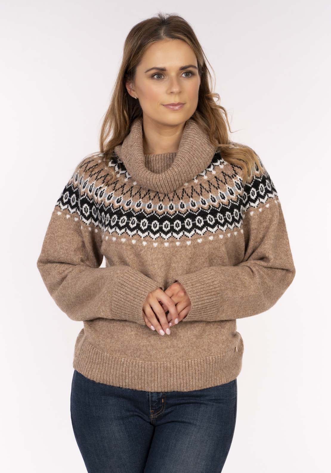 Naoise Fairisle Roll Nk Sweater - Caramel 1 Shaws Department Stores