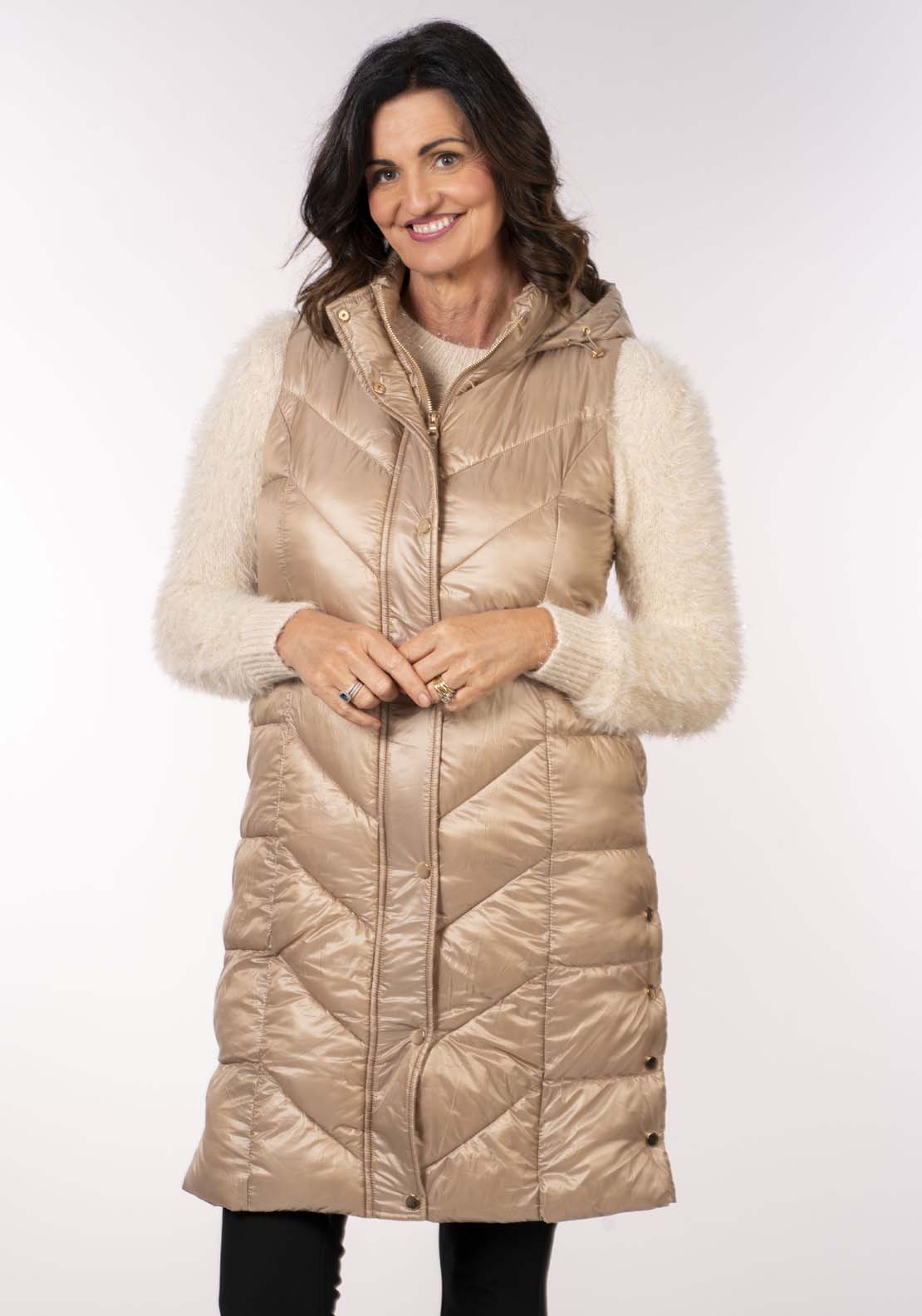 Naoise Diamond Quilt Long Gilet - Caramel 2 Shaws Department Stores