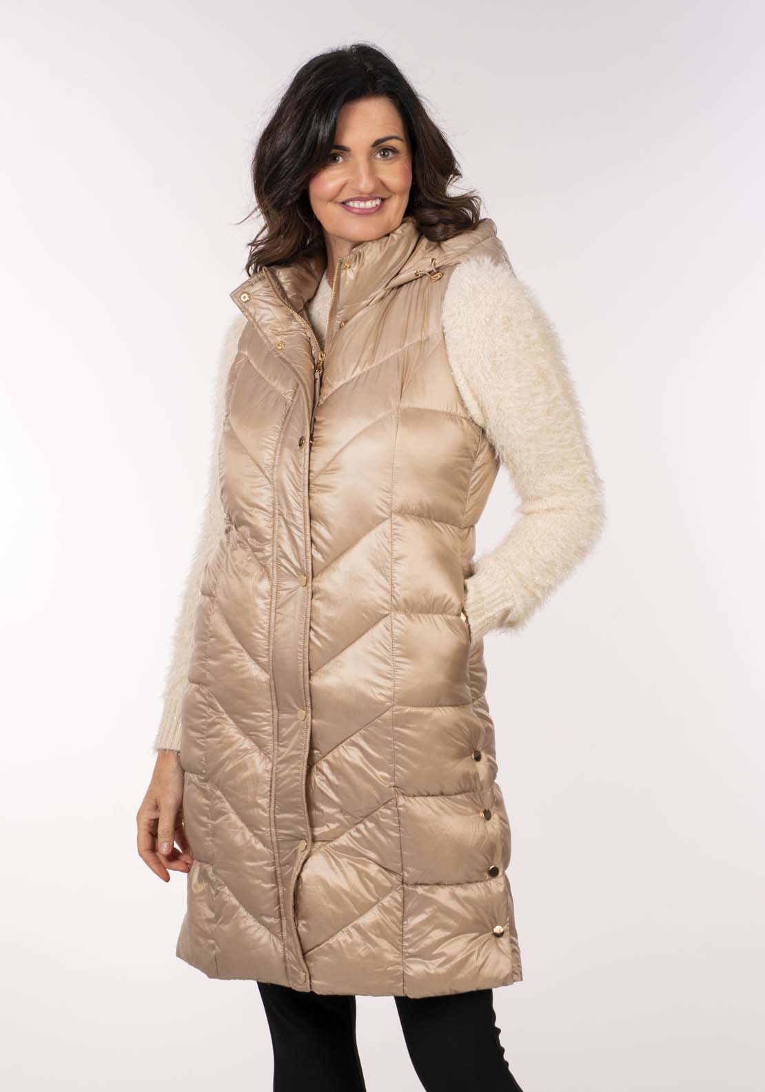 Naoise Diamond Quilt Long Gilet - Caramel 1 Shaws Department Stores