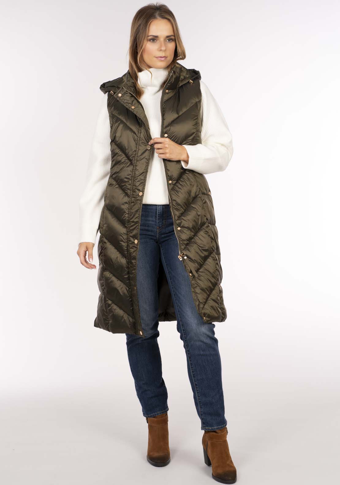 Naoise Diamond Quilt Long Gilet - Green 1 Shaws Department Stores
