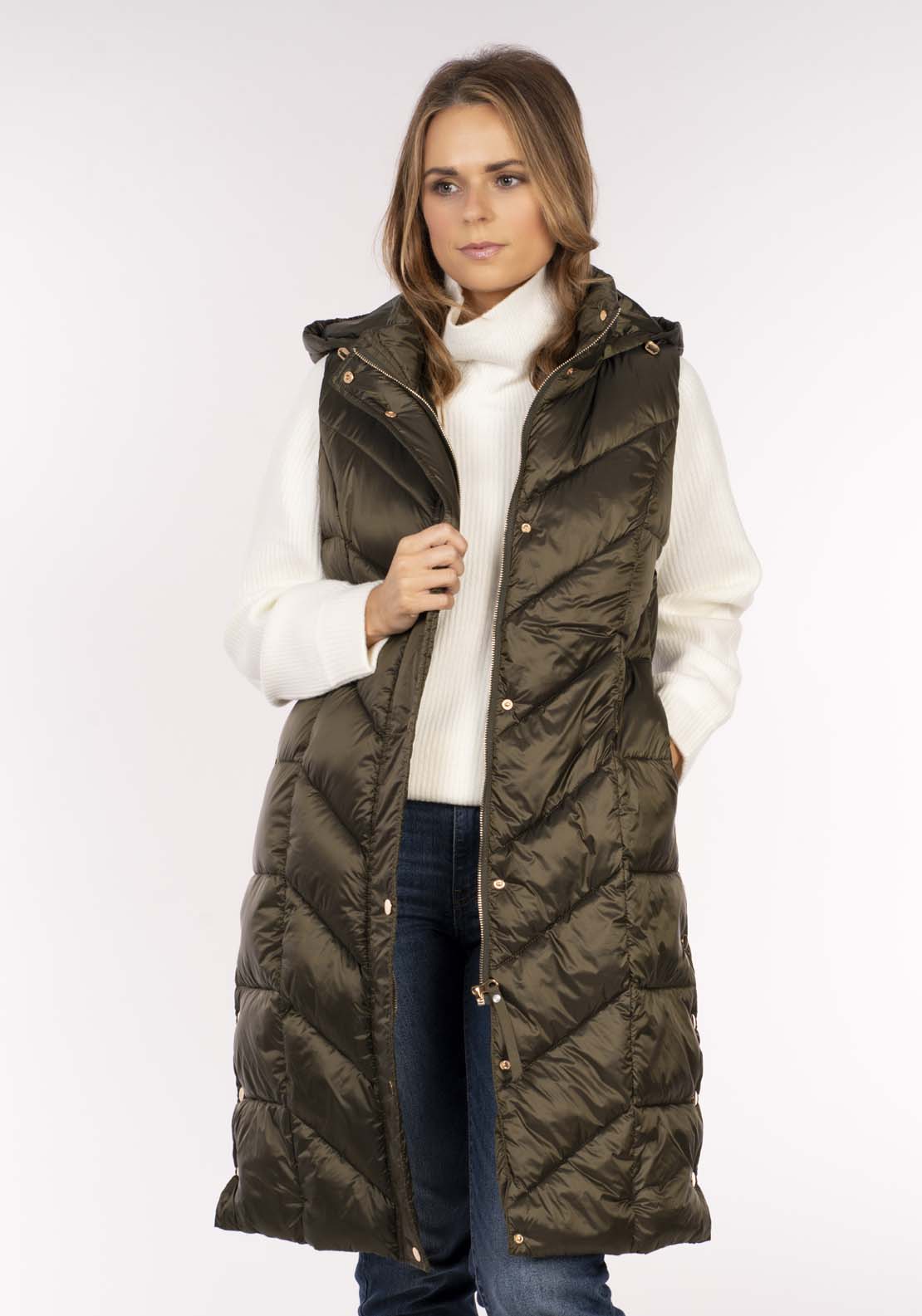 Naoise Diamond Quilt Long Gilet - Green 2 Shaws Department Stores