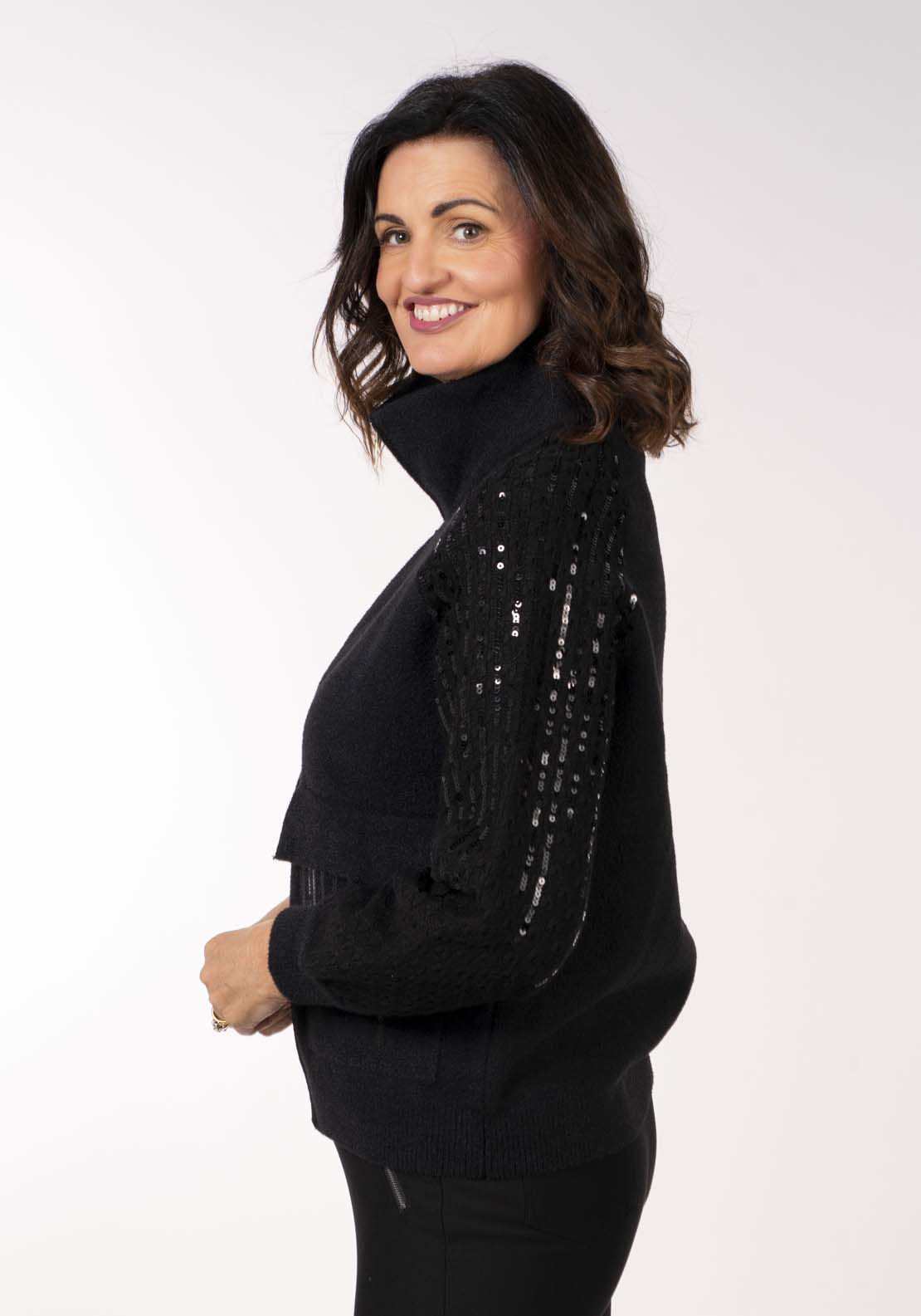 Naoise Zip Front Sequin Cardi - Black 5 Shaws Department Stores