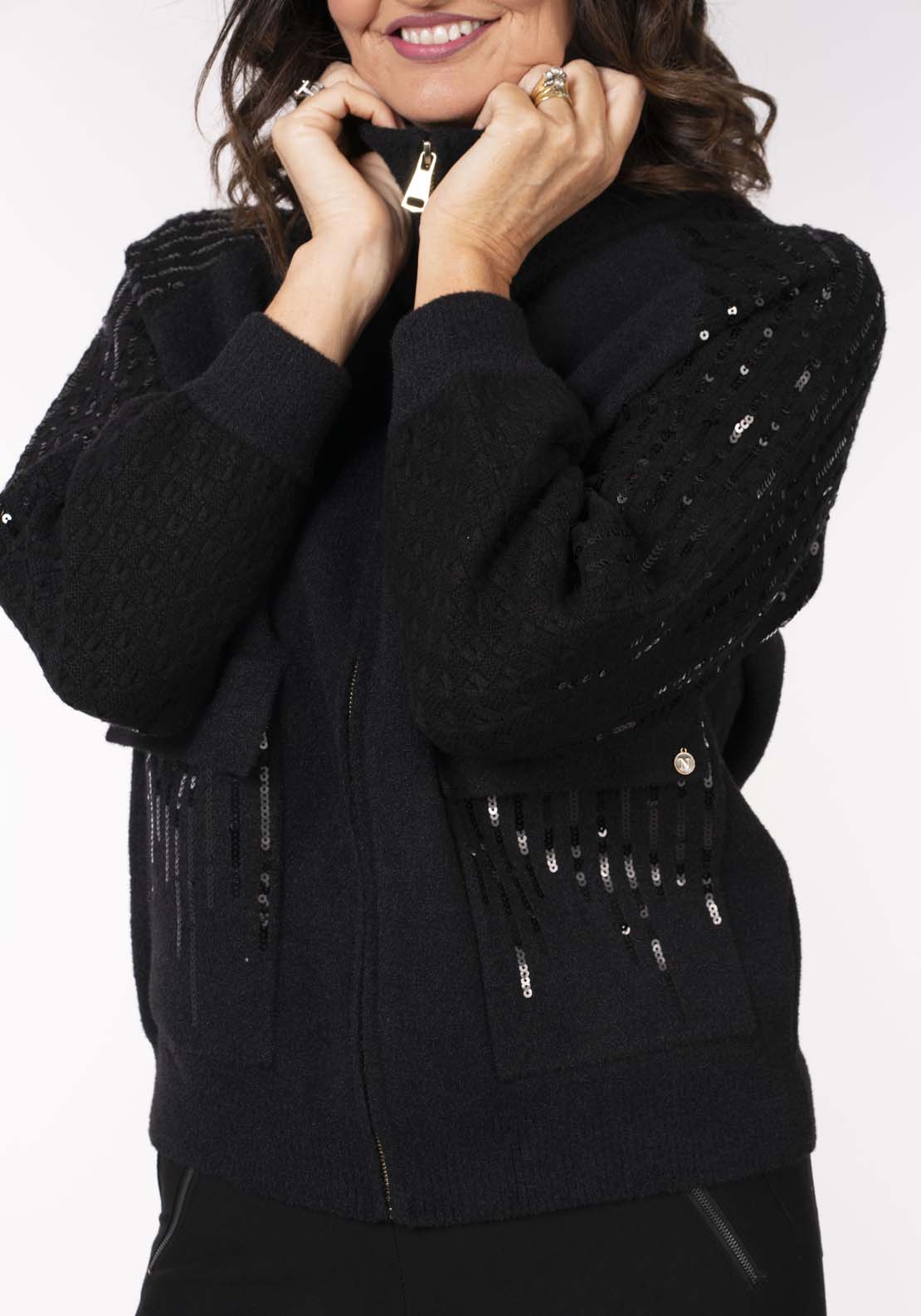 Naoise Zip Front Sequin Cardi - Black 3 Shaws Department Stores