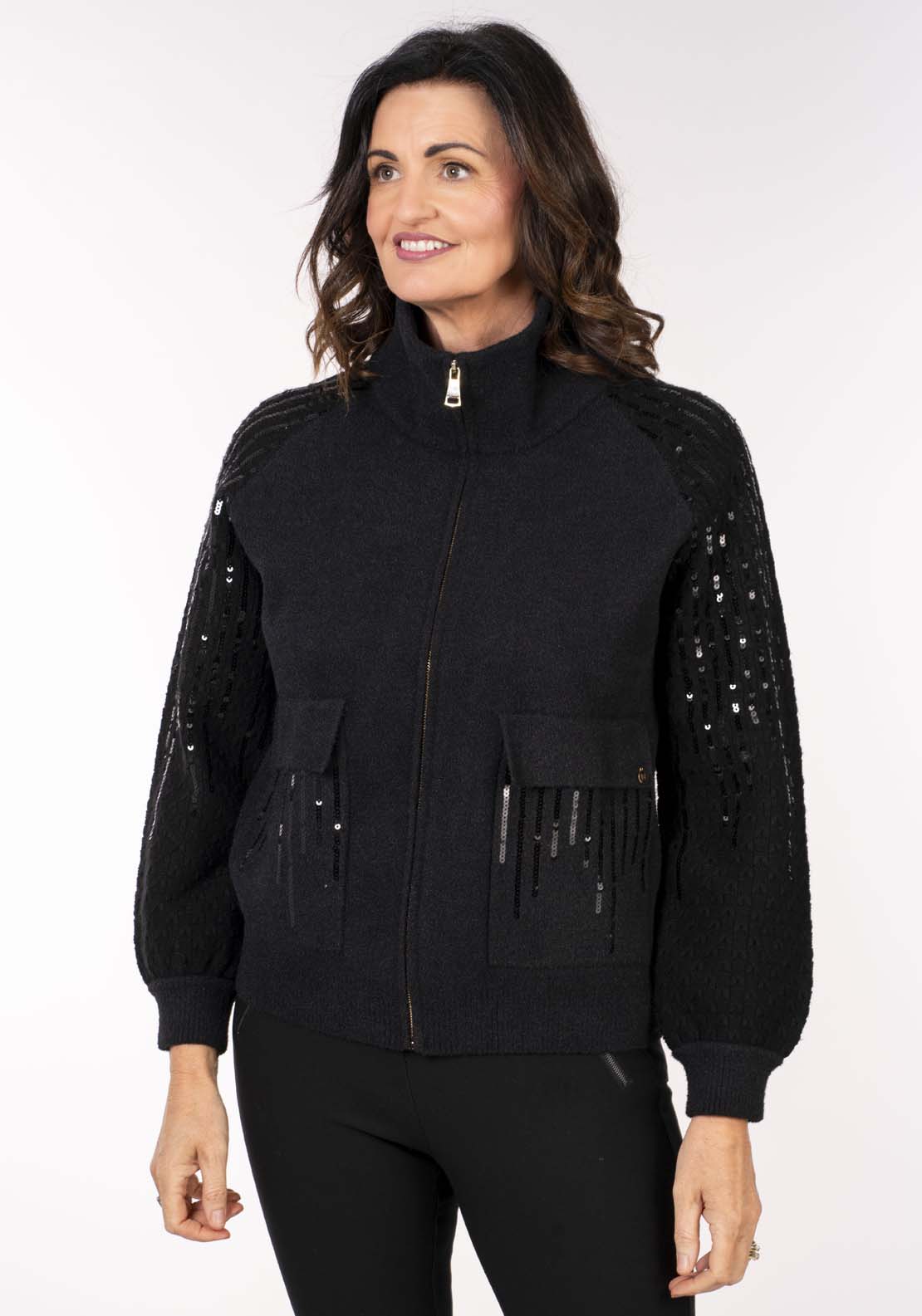 Naoise Zip Front Sequin Cardi - Black 1 Shaws Department Stores