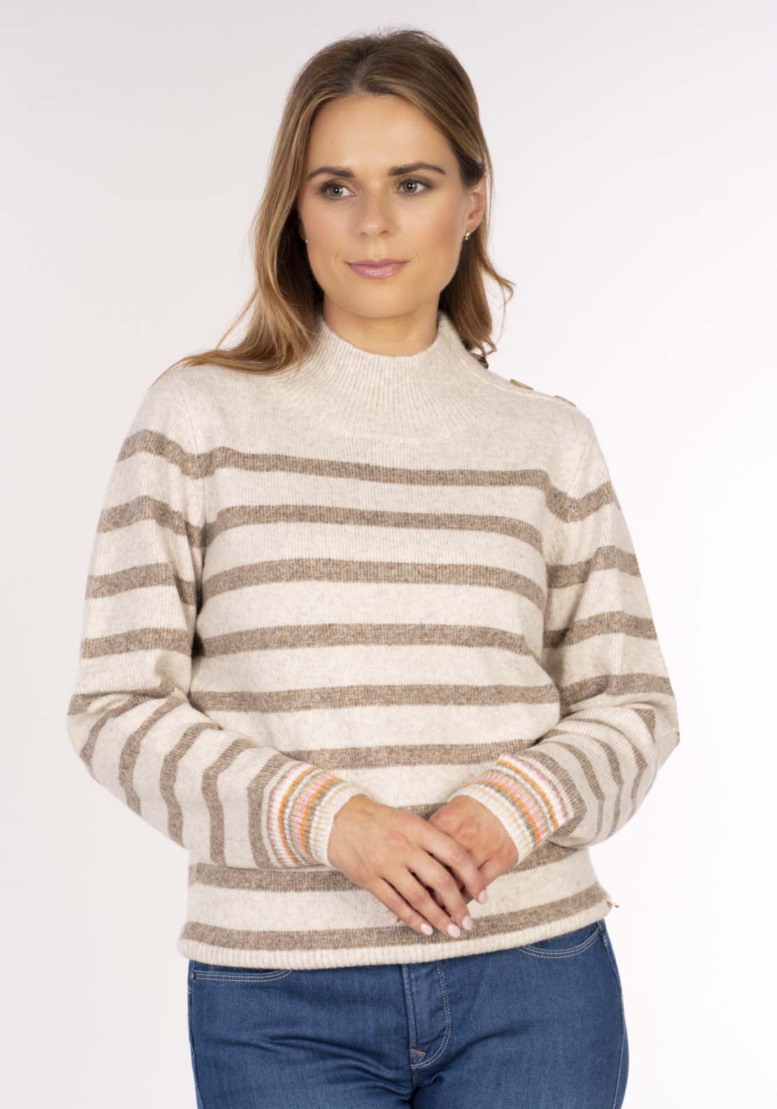 Naoise Stripe Button Shoulder Sweater - Cranberry Taupe Choc 3 Shaws Department Stores