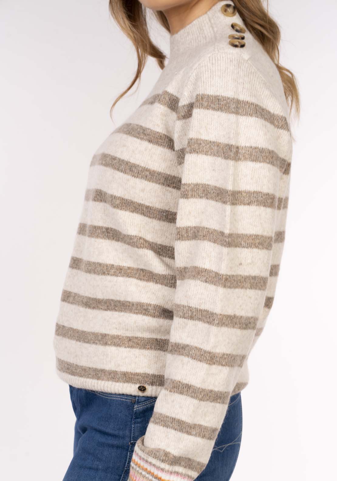 Naoise Stripe Button Shoulder Sweater - Cranberry Taupe Choc 5 Shaws Department Stores