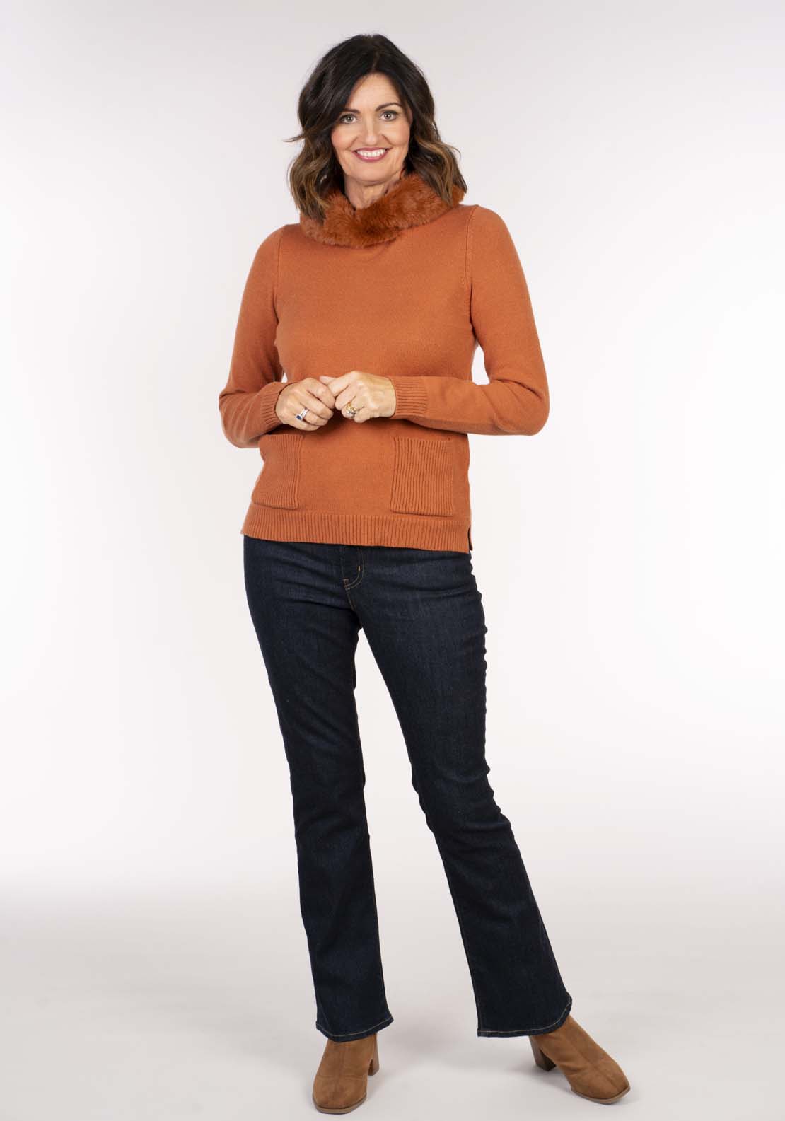 Naoise Fur Collar Sweater - Orange 1 Shaws Department Stores