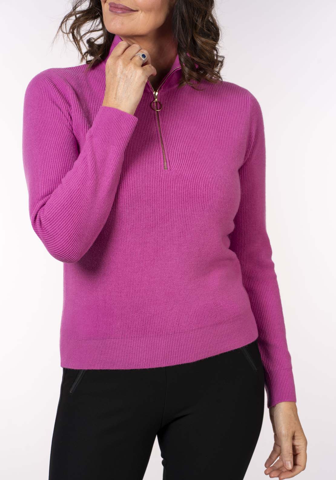 Tea Lane Cashmillon Zip Neck - Cranberry 3 Shaws Department Stores