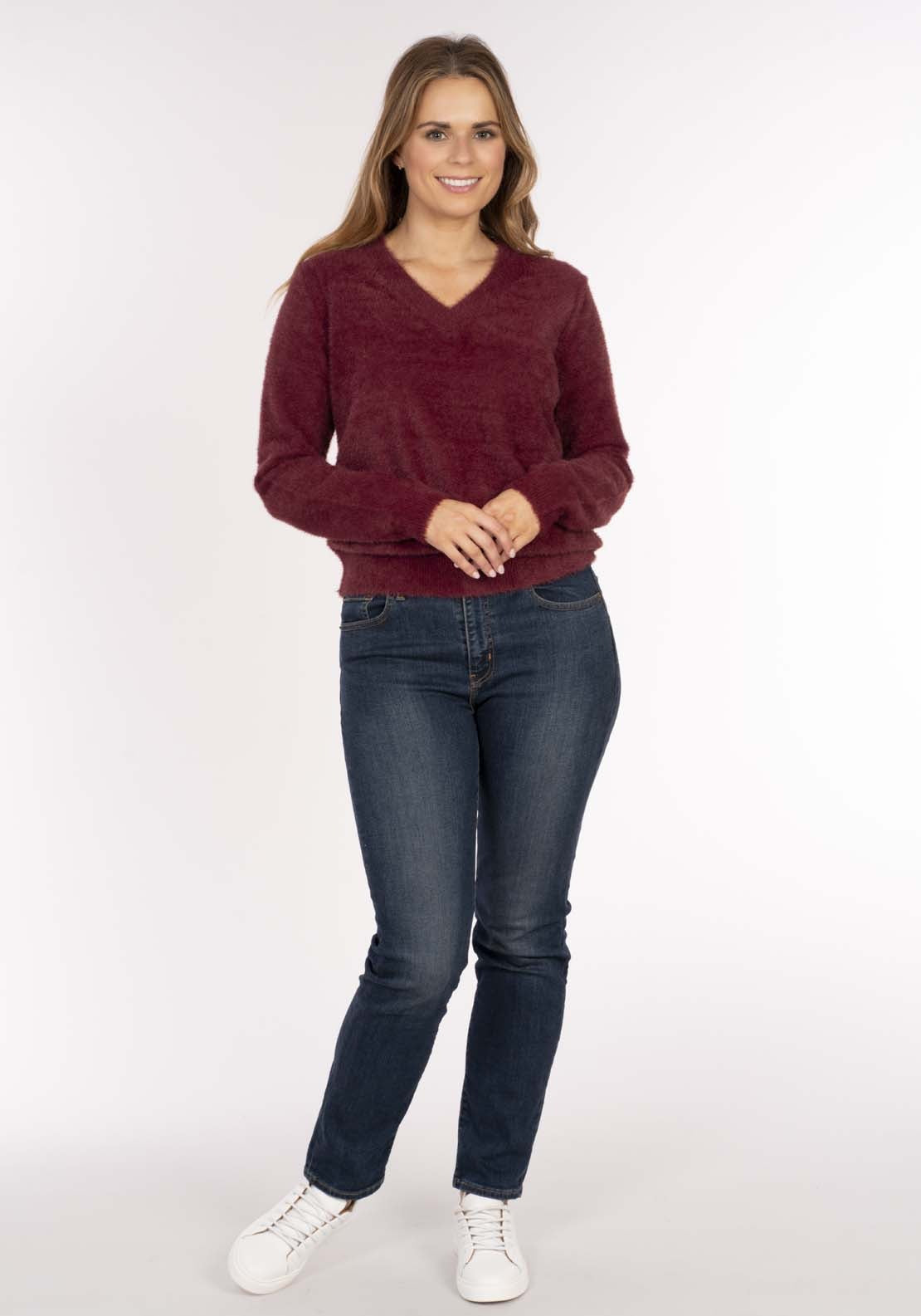 Naoise Fluffy V Neck Sweater - Cranberry 6 Shaws Department Stores