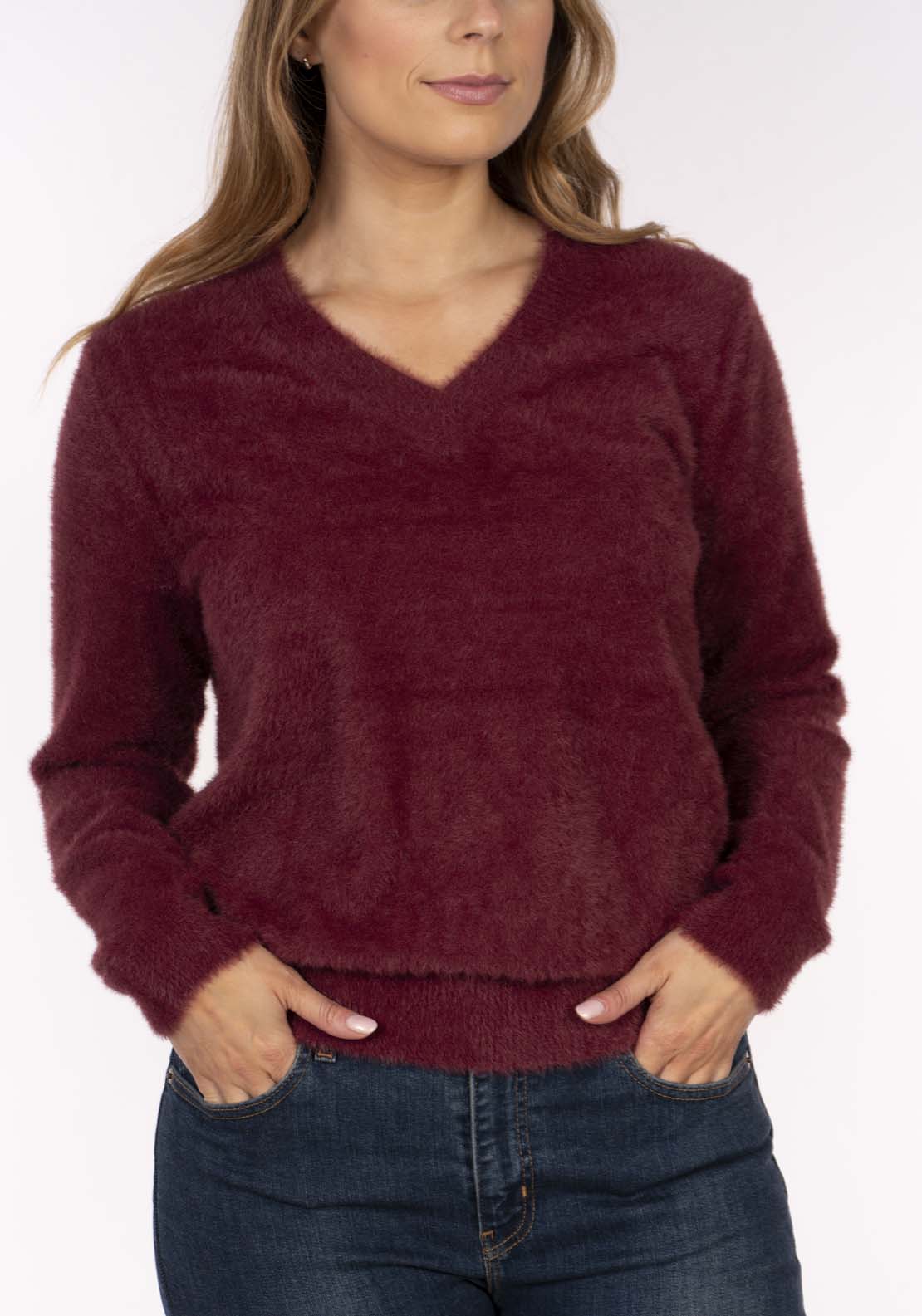 Naoise Fluffy V Neck Sweater - Cranberry 4 Shaws Department Stores