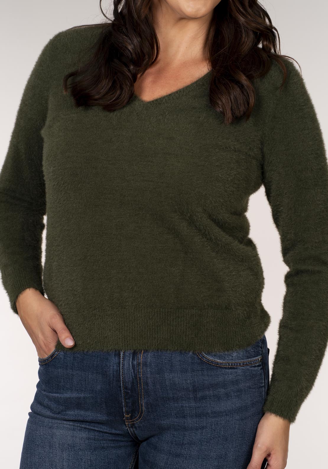 Tea Lane Fluffy V-Neck Jumper - Green 3 Shaws Department Stores