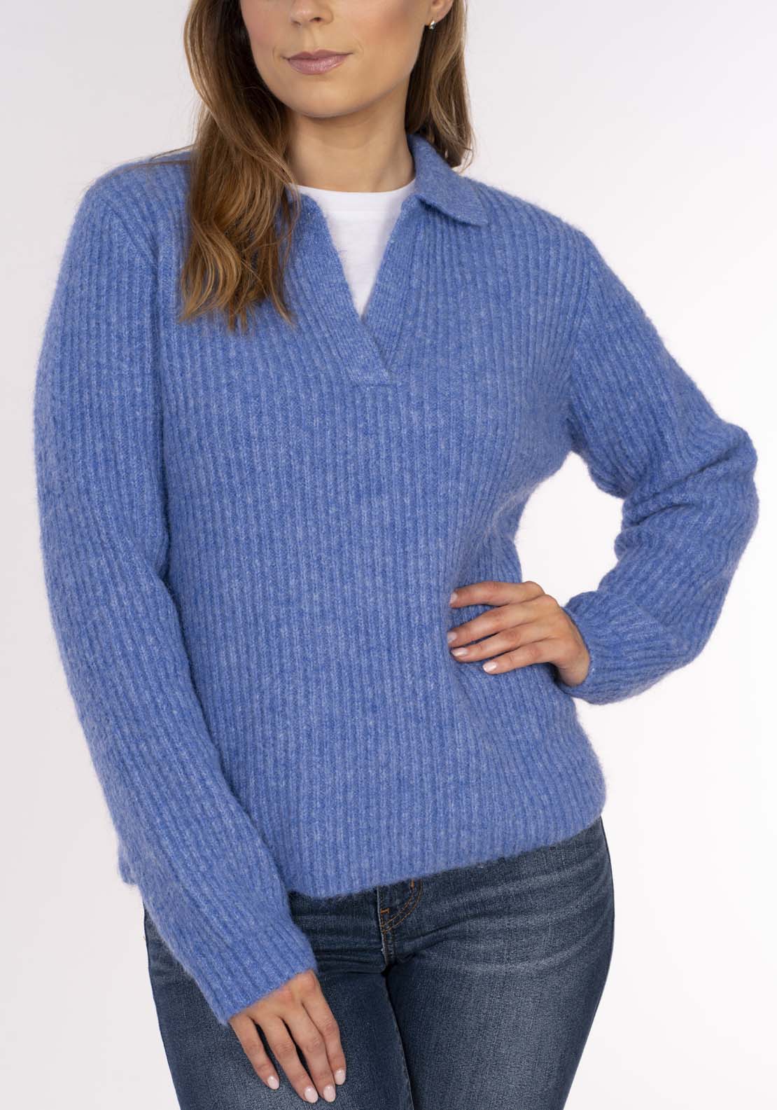 Naoise Johnny Collar Sweater - Blue 3 Shaws Department Stores