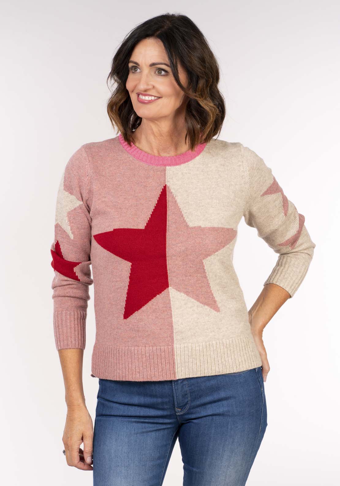 Naoise Star Sweater - Red Orange Taupe 6 Shaws Department Stores