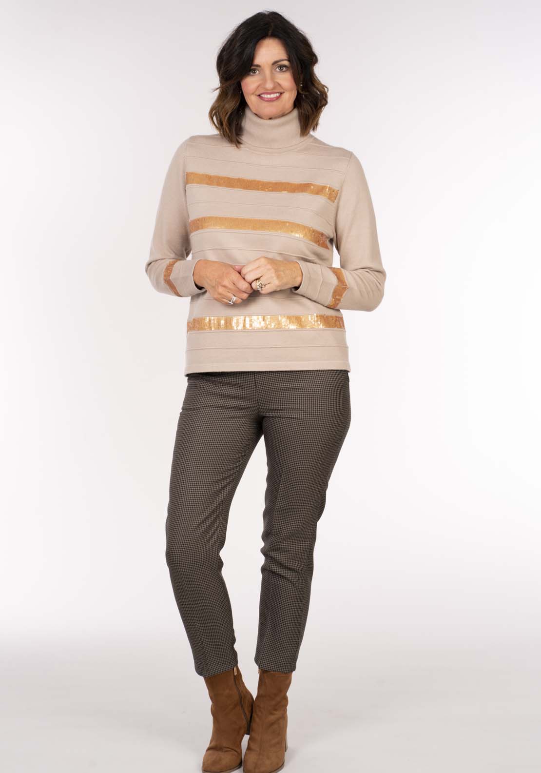 Tea Lane Roll Neck With Sequin Stripe - Taupe And Gold 6 Shaws Department Stores