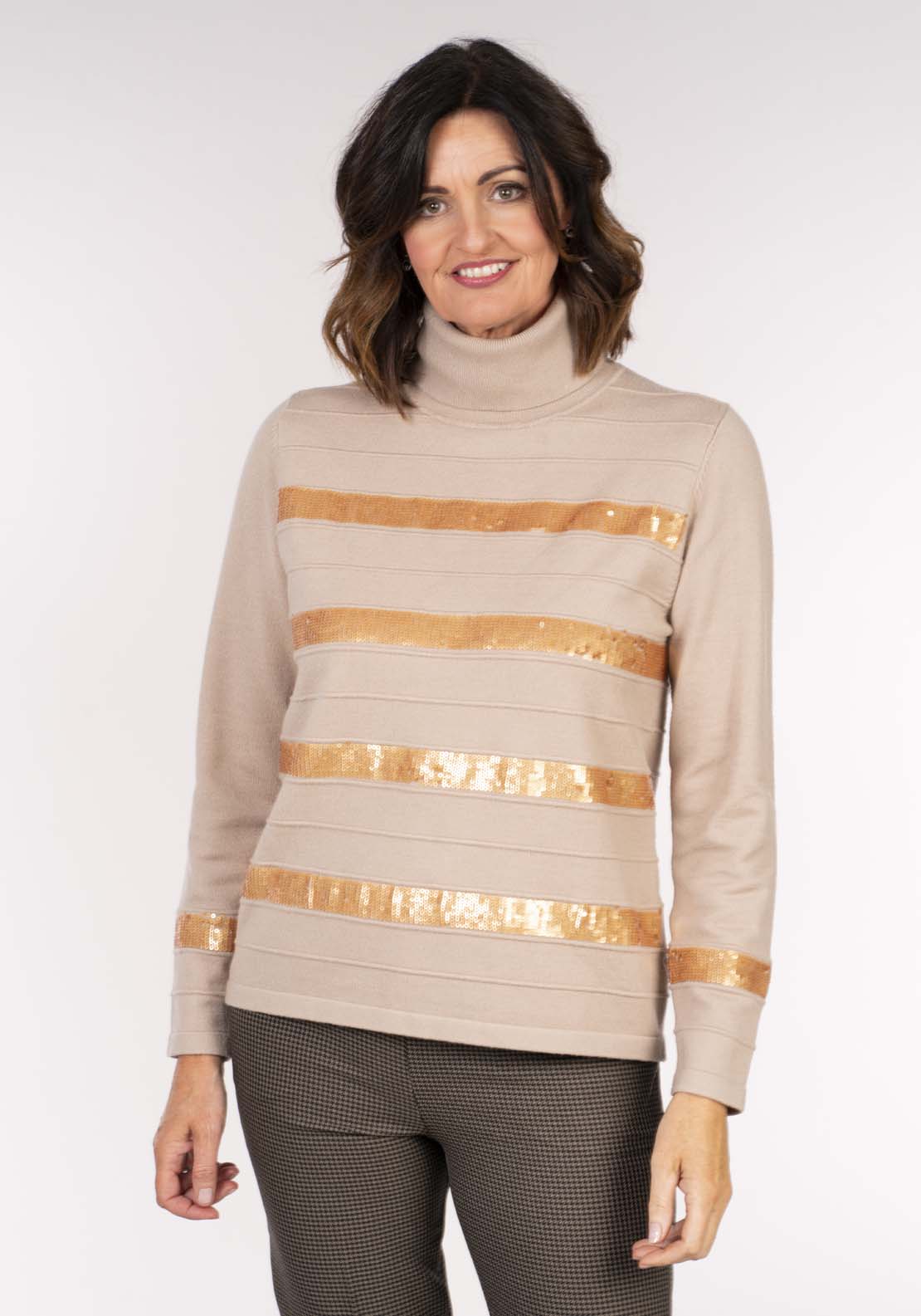 Tea Lane Roll Neck With Sequin Stripe - Taupe And Gold 1 Shaws Department Stores