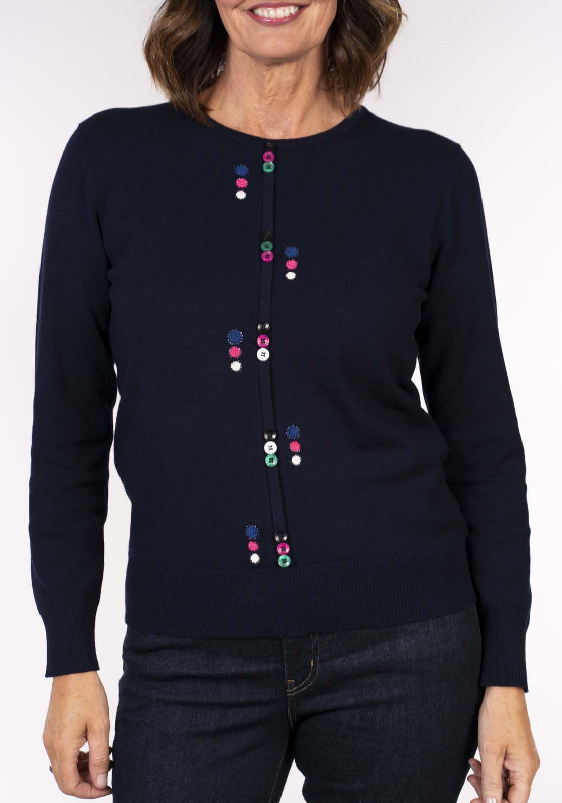 Tea Lane Novelty Button Sweater - Navy 6 Shaws Department Stores