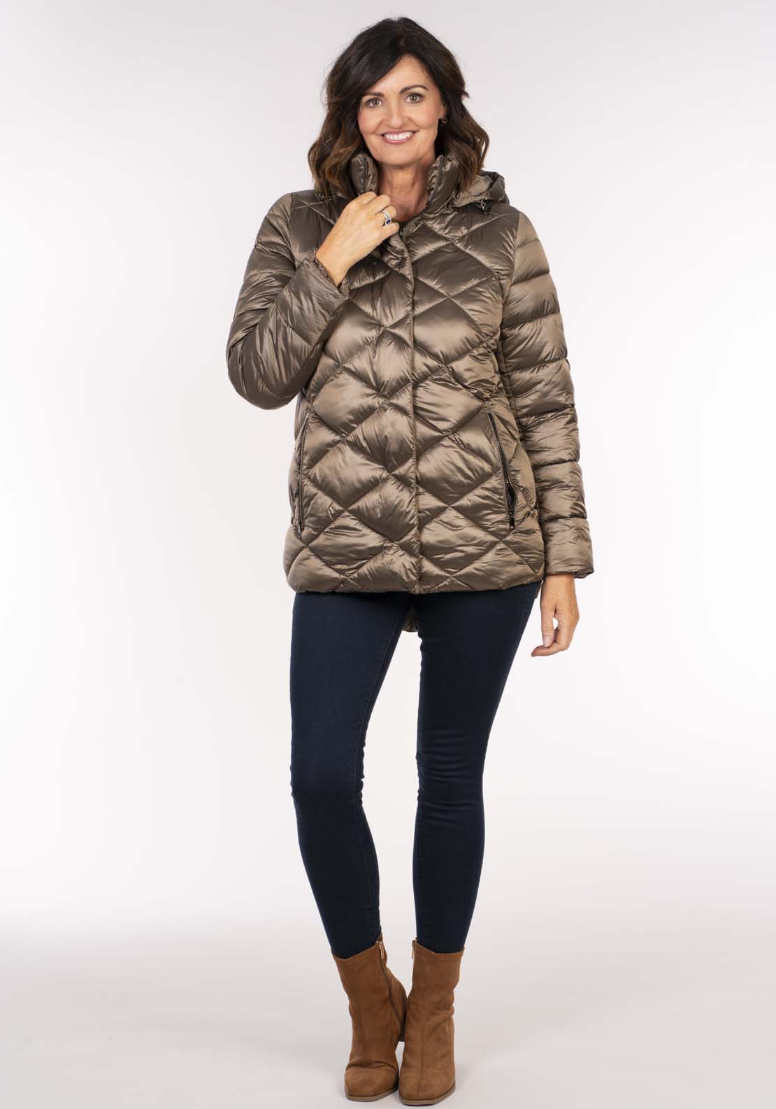 Tea Lane Diamond 3/4 Quilt Jacket - Shiny Gold 1 Shaws Department Stores