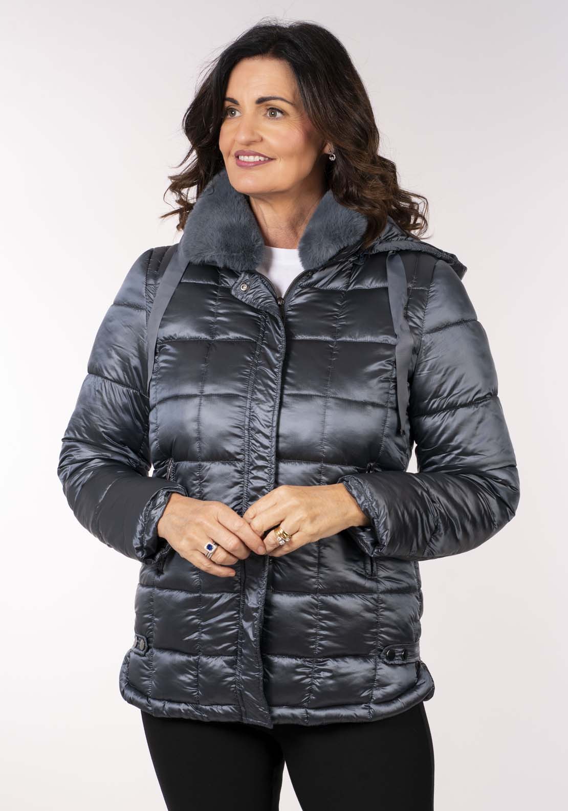 Tea Lane Diamond 3/4 Quilt Jacket - Shiny Petrol 2 Shaws Department Stores