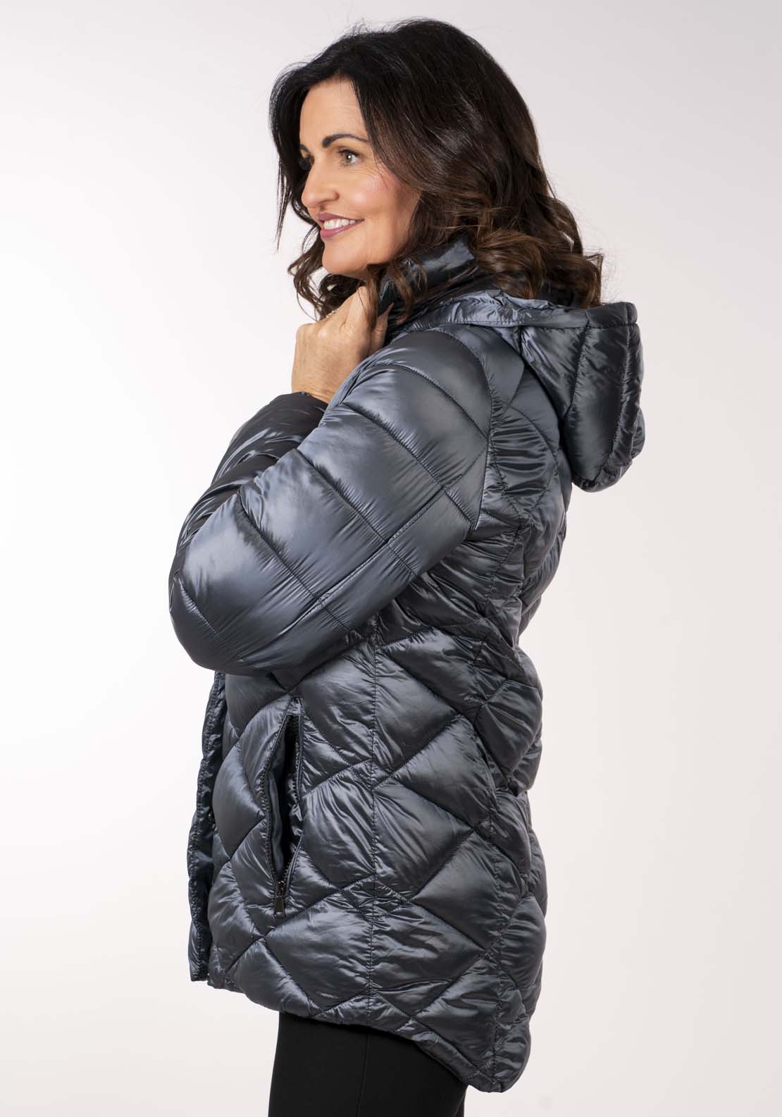 Tea Lane Diamond 3/4 Quilt Jacket - Shiny Petrol 6 Shaws Department Stores