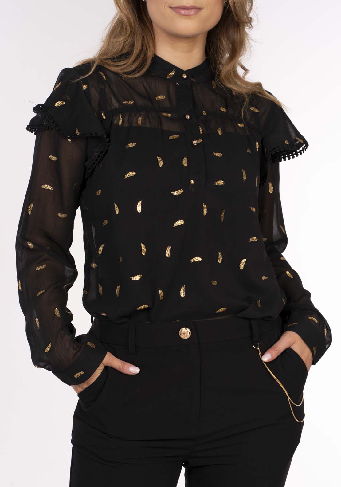 Naoise Feather Print Blouse - Black 5 Shaws Department Stores