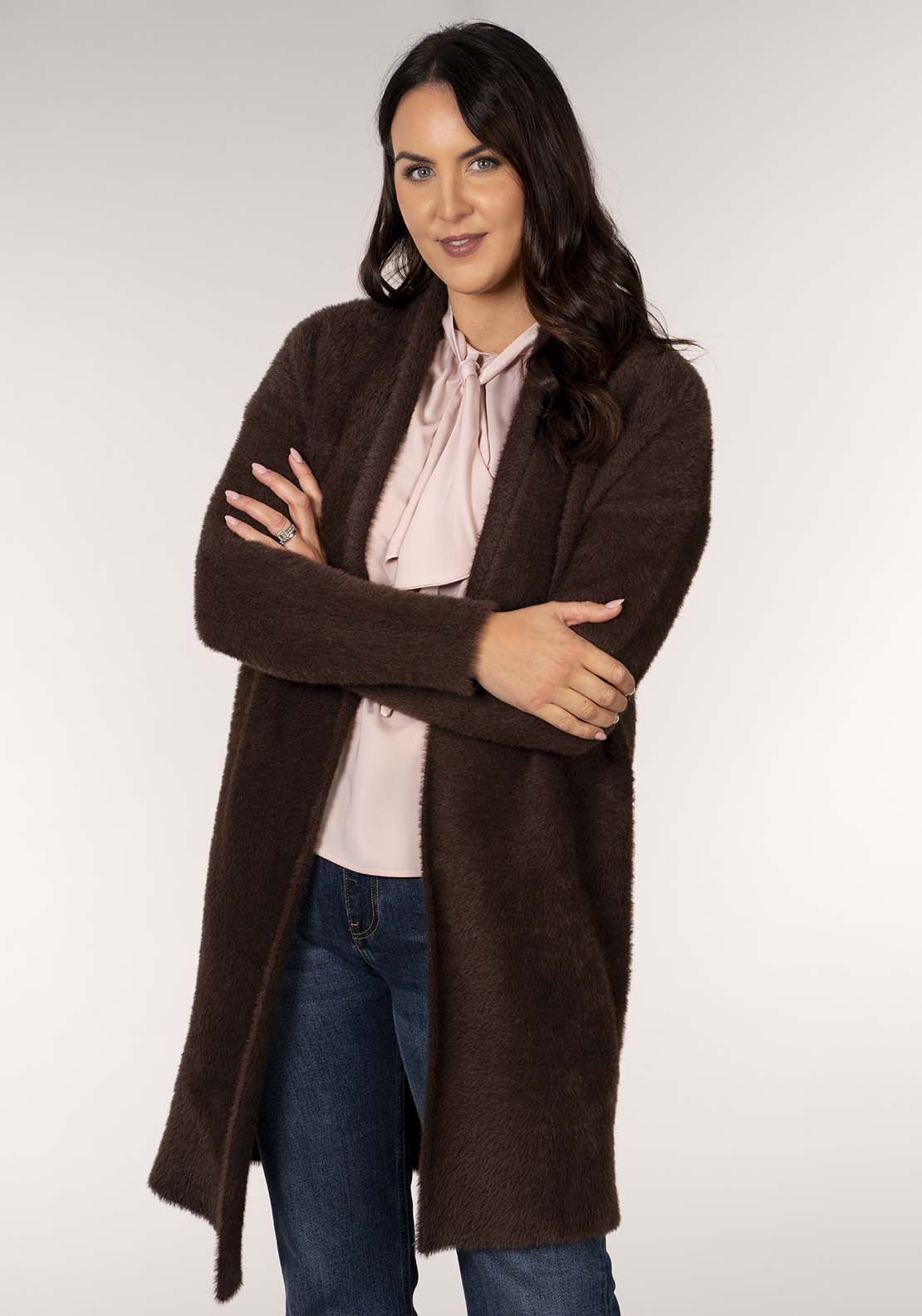 Tea Lane Feather Yarn Cardigan - Brown 1 Shaws Department Stores