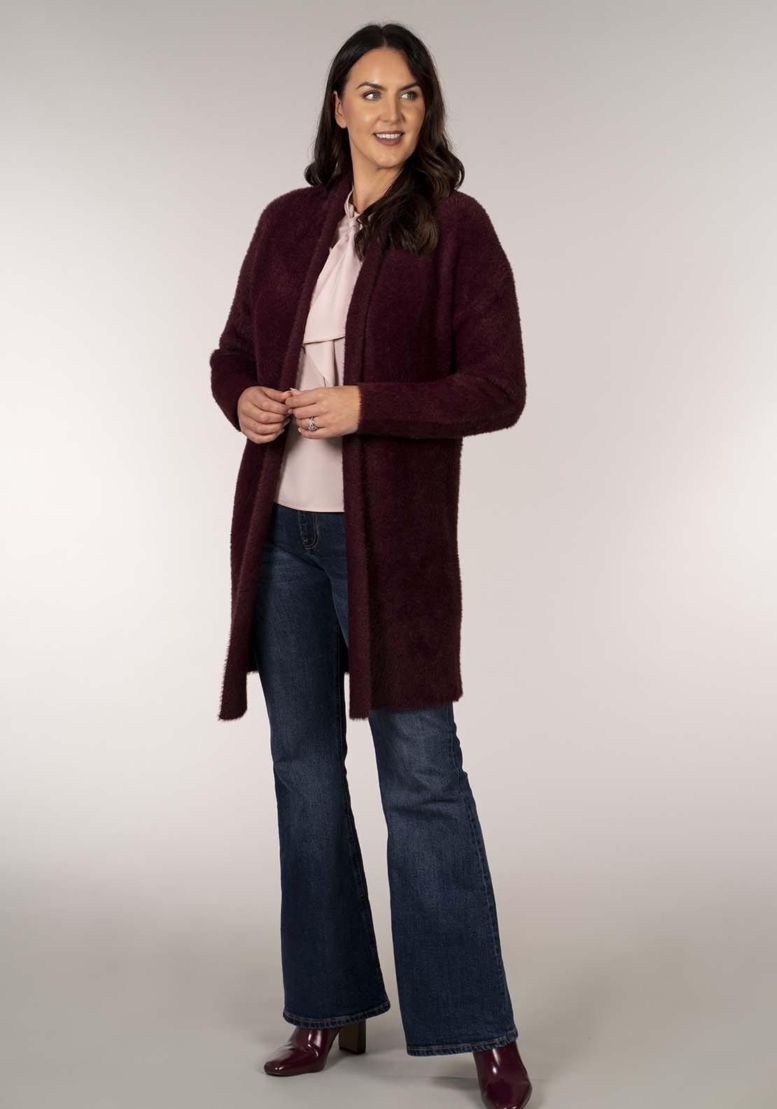 Tea Lane Feather Yarn Cardigan - Wine 6 Shaws Department Stores