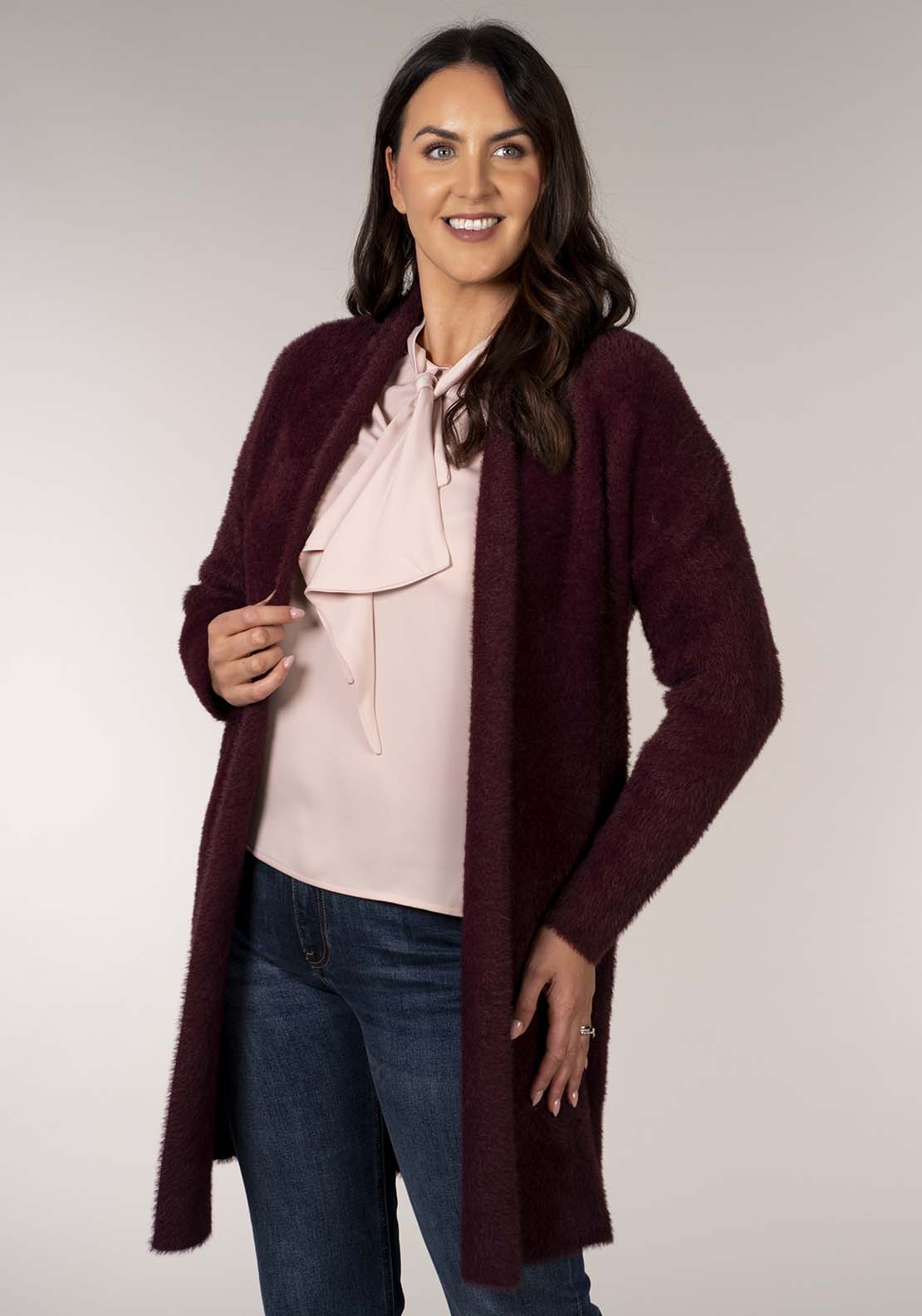 Tea Lane Feather Yarn Cardigan - Wine 2 Shaws Department Stores