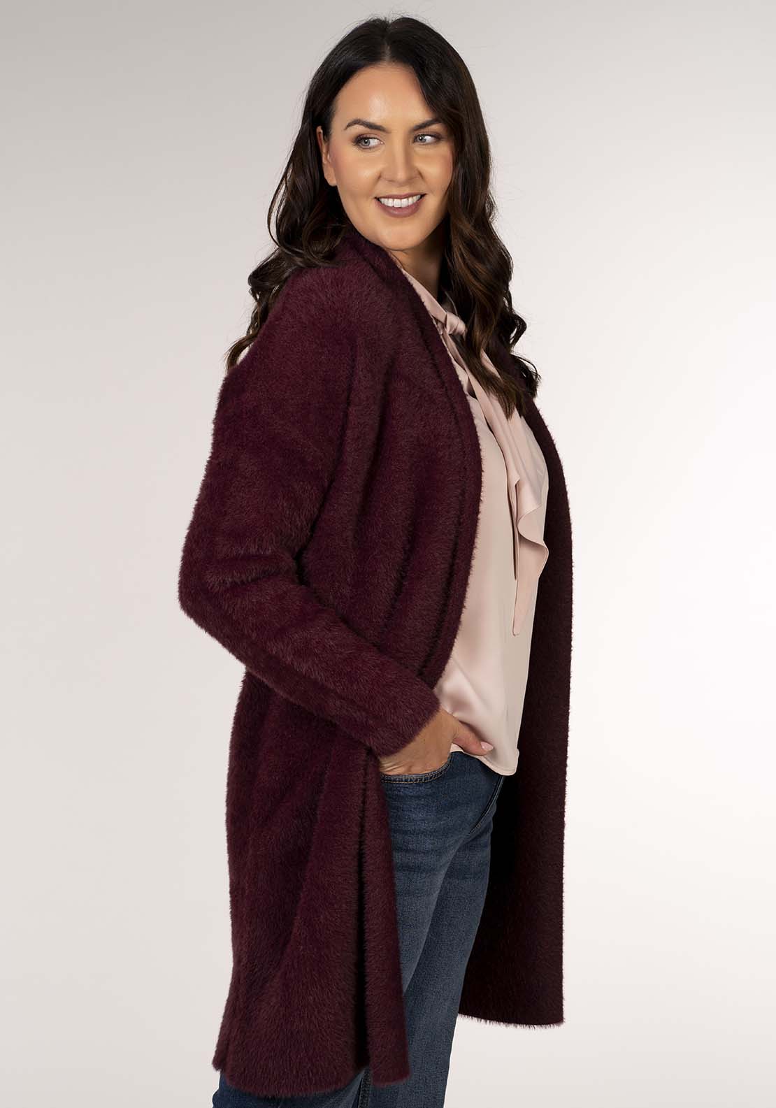 Tea Lane Feather Yarn Cardigan - Wine 3 Shaws Department Stores