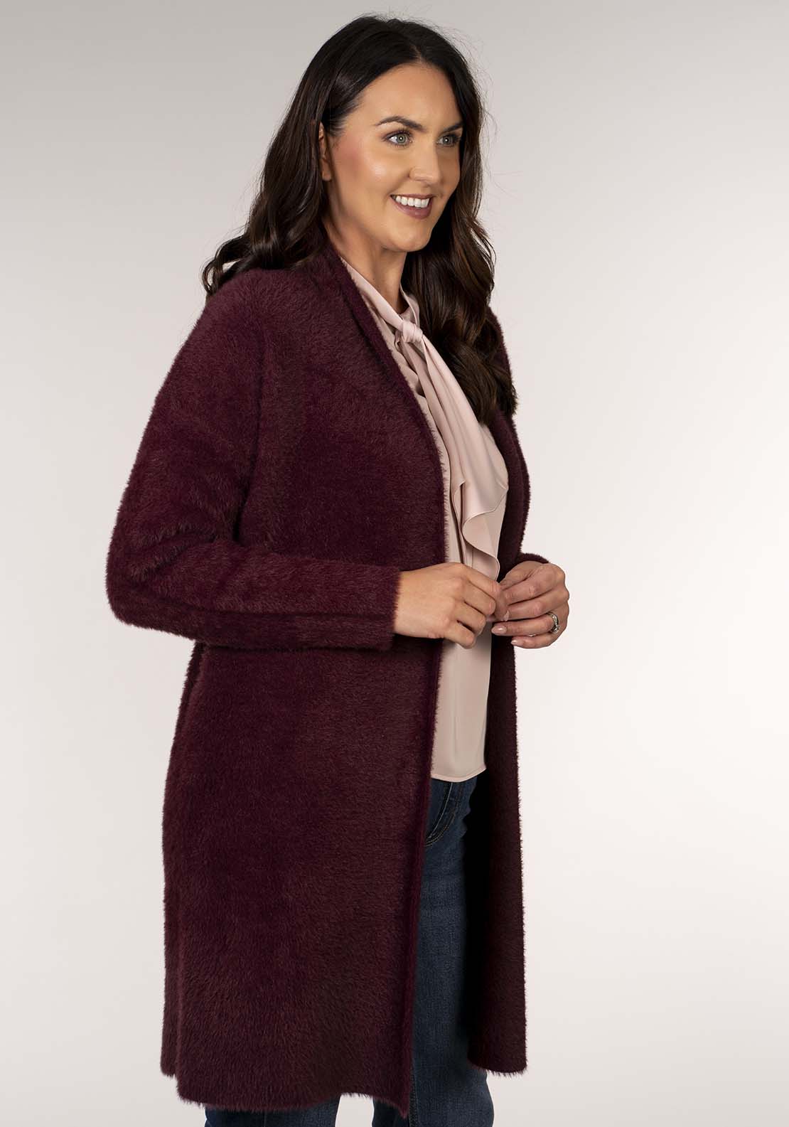 Tea Lane Feather Yarn Cardigan - Wine 1 Shaws Department Stores