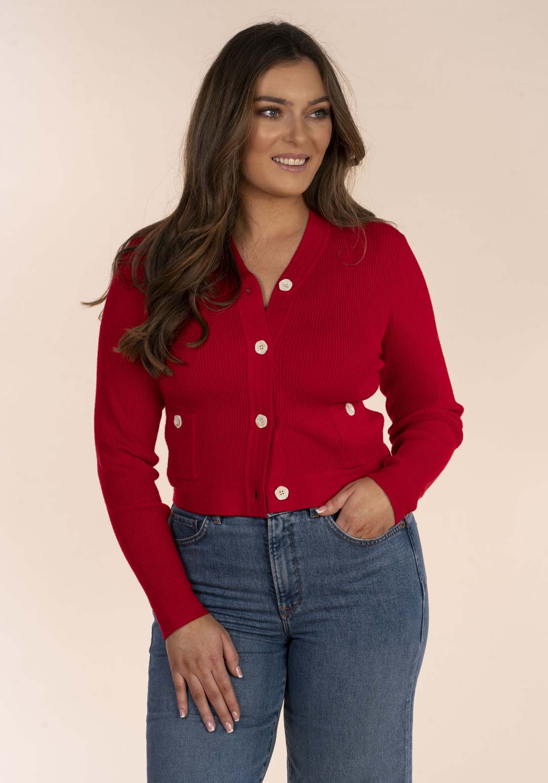 Naoise Rib Button Cardigan - Red 1 Shaws Department Stores