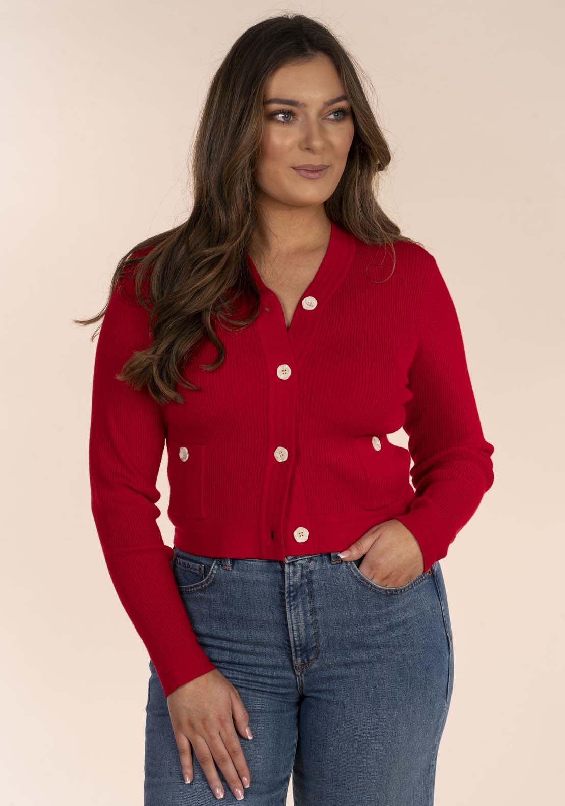 Naoise Rib Button Cardigan - Red 3 Shaws Department Stores