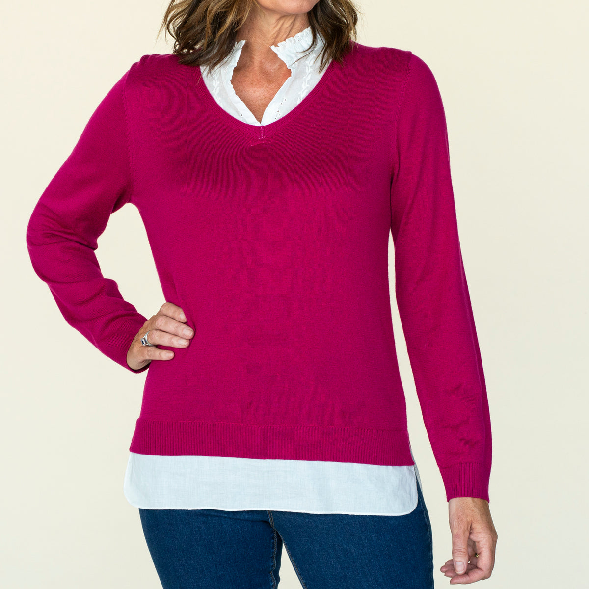 V Neck Top And Sweater Combo - Pink