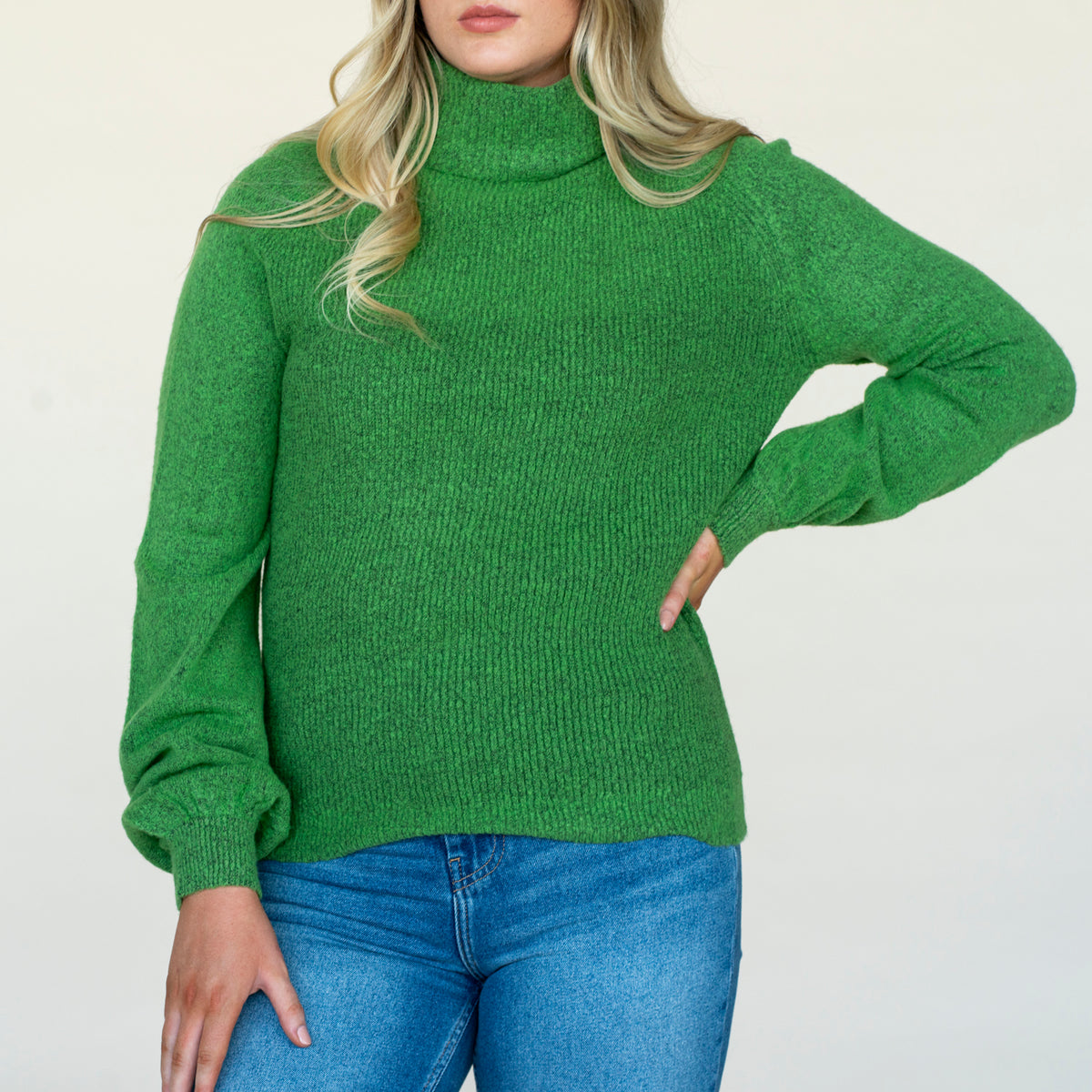 Roll Neck Raglan Sweater - Green