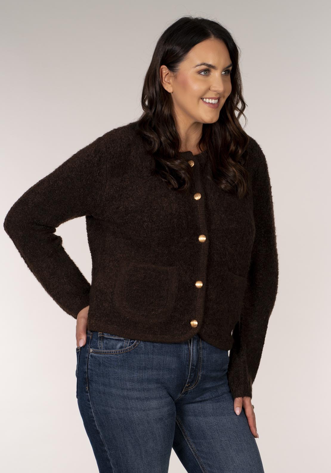 Tea Lane Boucle Gold Button Cardigan - Brown 1 Shaws Department Stores