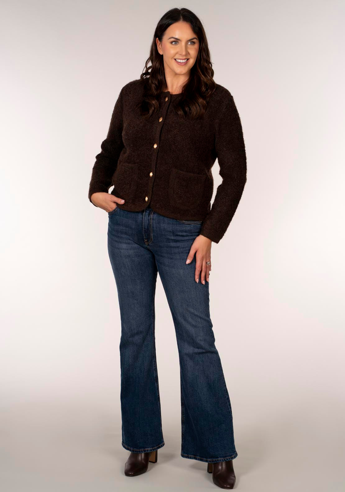 Tea Lane Boucle Gold Button Cardigan - Brown 4 Shaws Department Stores