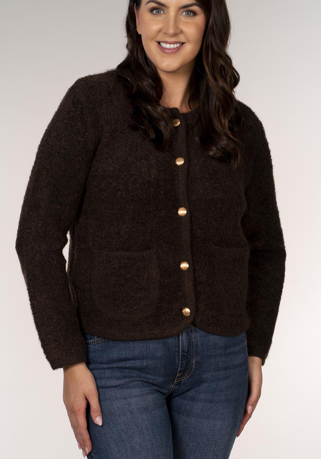 Tea Lane Boucle Gold Button Cardigan - Brown 3 Shaws Department Stores