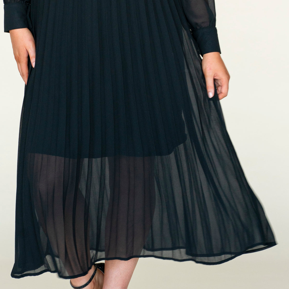 Pleated Belted Dress - Black
