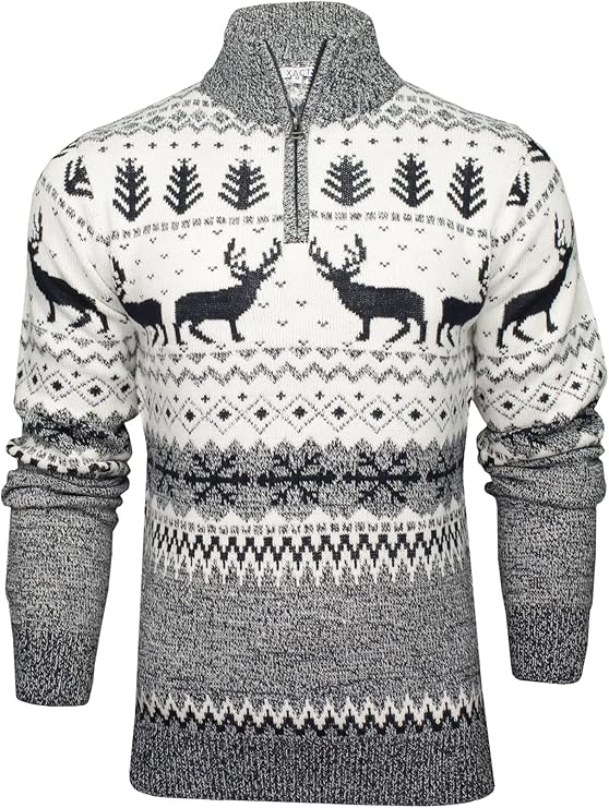 Spilt Star 1/4 Zip Reindeer Christmas Jumper - Ecru 1 Shaws Department Stores