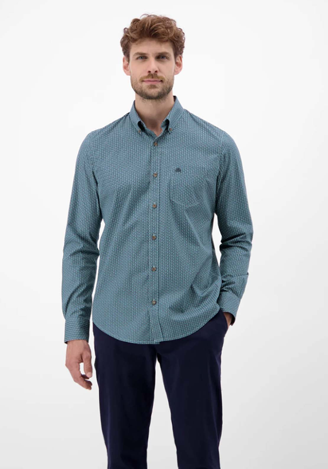 Lerros Long Sleeve Ornamental Pattern Shirt - Fjord Blue 1 Shaws Department Stores