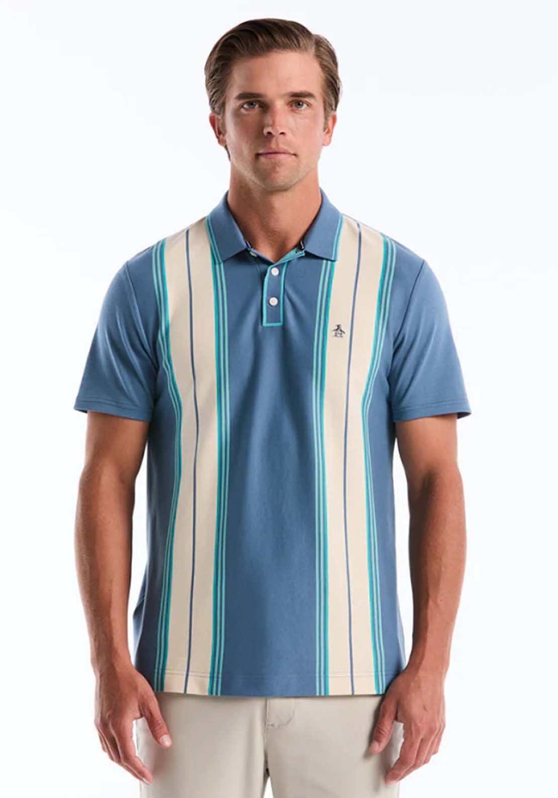 Penguin Jacquard Vertical Stripe Polo Shirt - 443 Copen Blue 1 Shaws Department Stores