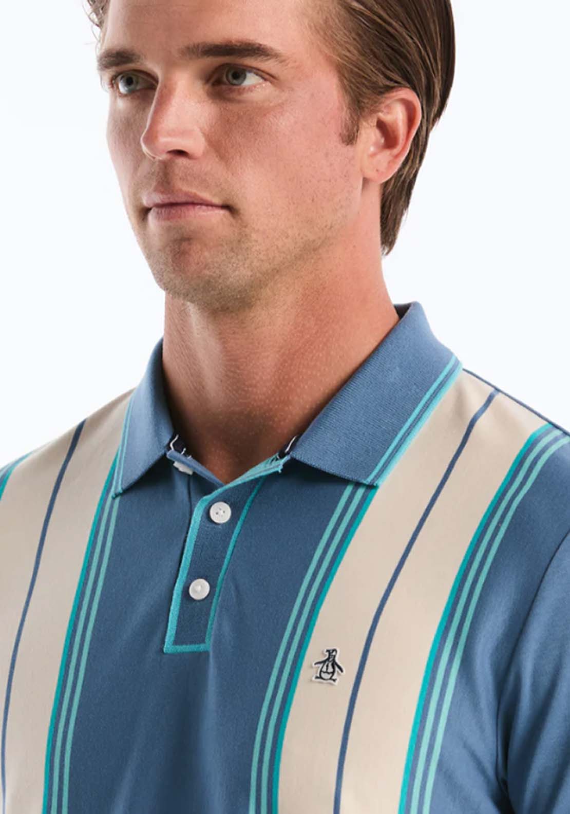 Penguin Jacquard Vertical Stripe Polo Shirt - 443 Copen Blue 3 Shaws Department Stores