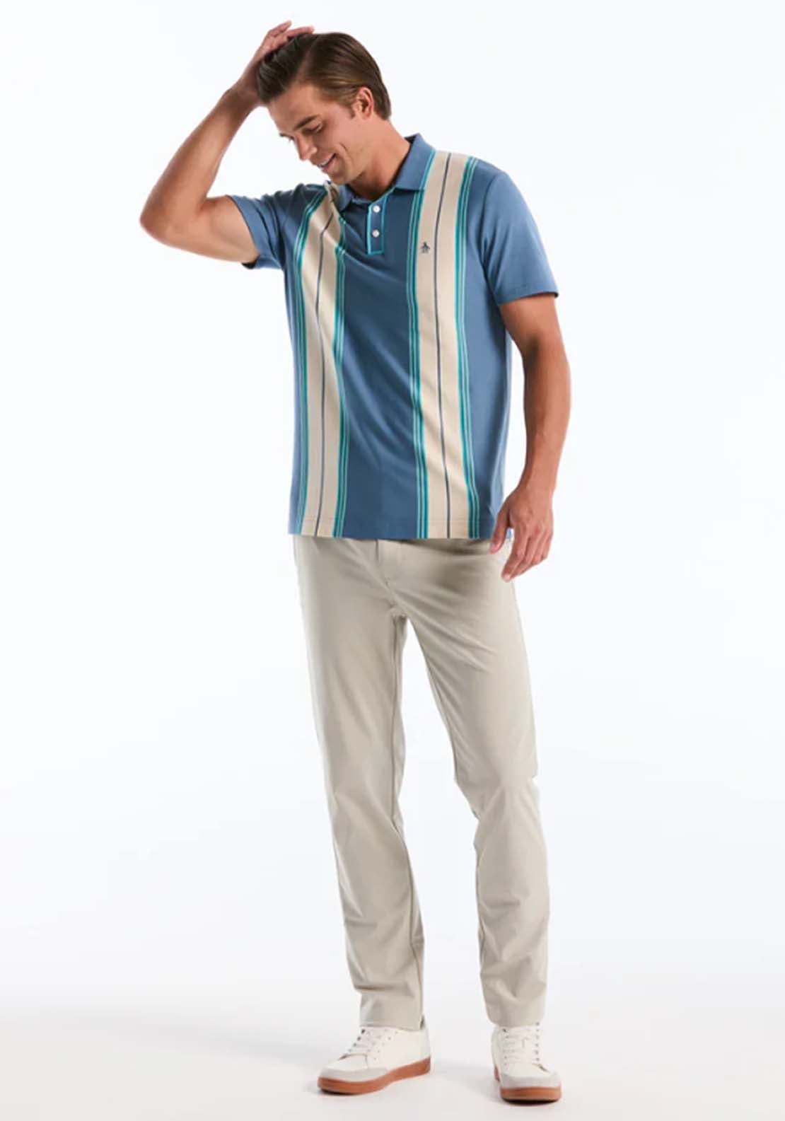 Penguin Jacquard Vertical Stripe Polo Shirt - 443 Copen Blue 4 Shaws Department Stores