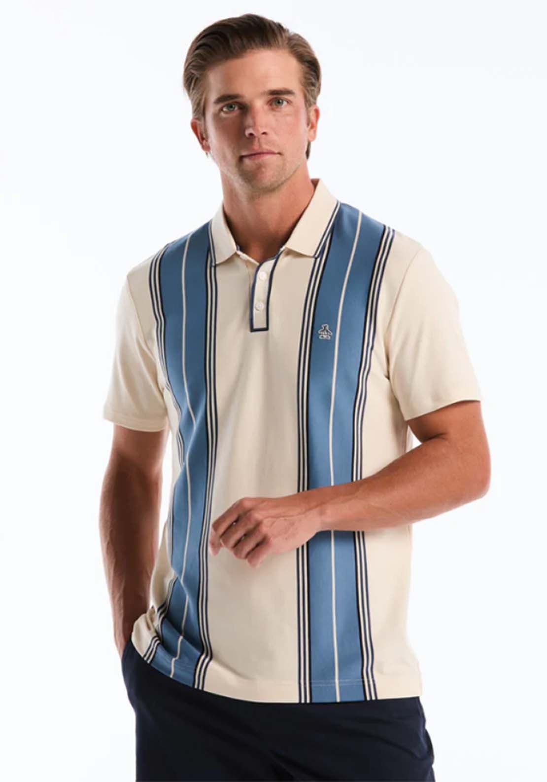 Penguin Jacquard Vertical Stripe Polo Shirt - 252 Birch 1 Shaws Department Stores