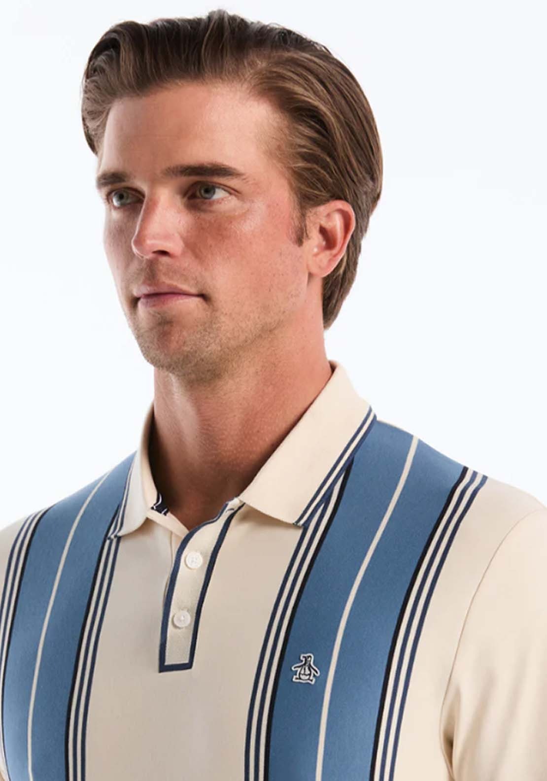 Penguin Jacquard Vertical Stripe Polo Shirt - 252 Birch 3 Shaws Department Stores