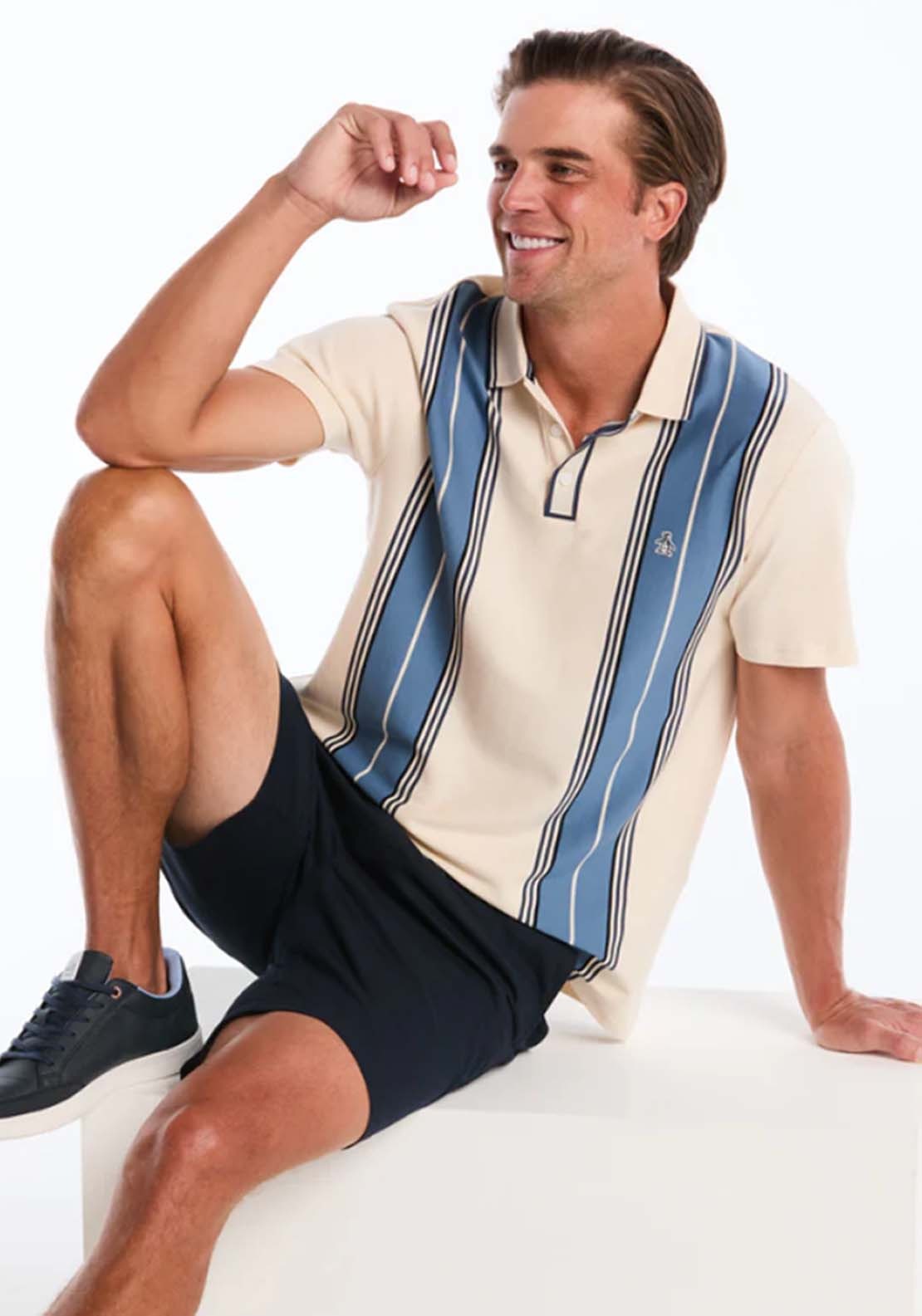 Penguin Jacquard Vertical Stripe Polo Shirt - 252 Birch 4 Shaws Department Stores