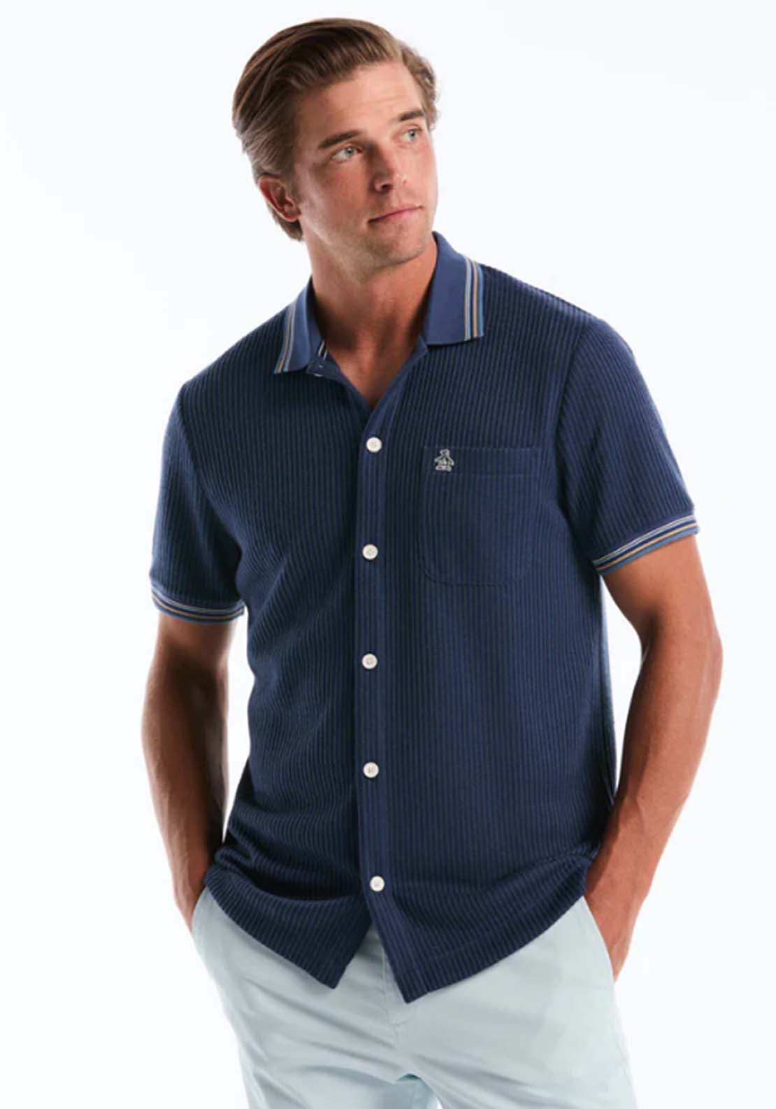 Penguin Vertical Jacquard Button Front Polo Shirt - 485 Sargasso Sea 1 Shaws Department Stores