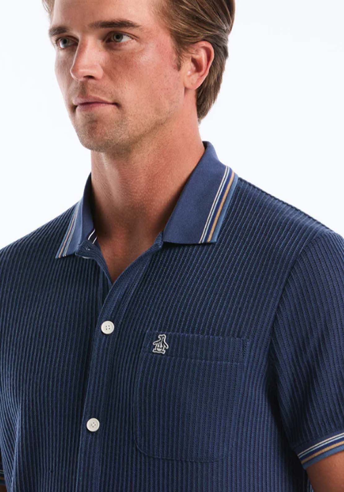 Penguin Vertical Jacquard Button Front Polo Shirt - 485 Sargasso Sea 3 Shaws Department Stores