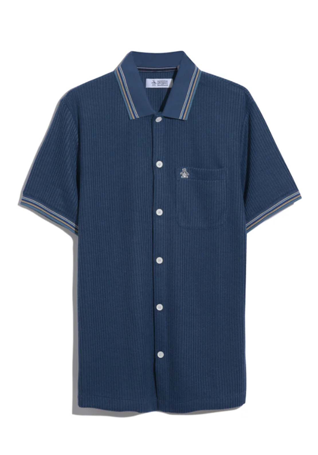 Penguin Vertical Jacquard Button Front Polo Shirt - 485 Sargasso Sea 6 Shaws Department Stores